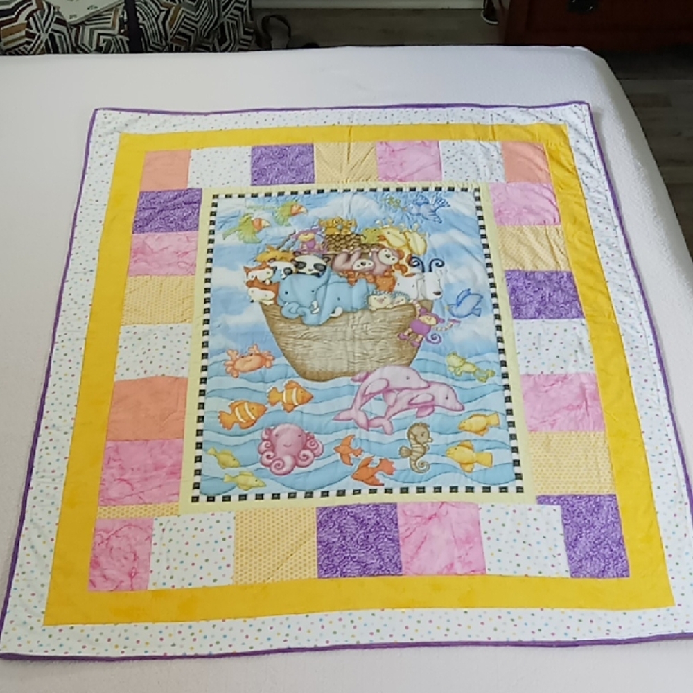 Colorful Noah's Arc Animal-Themed Baby Quilt NWOT